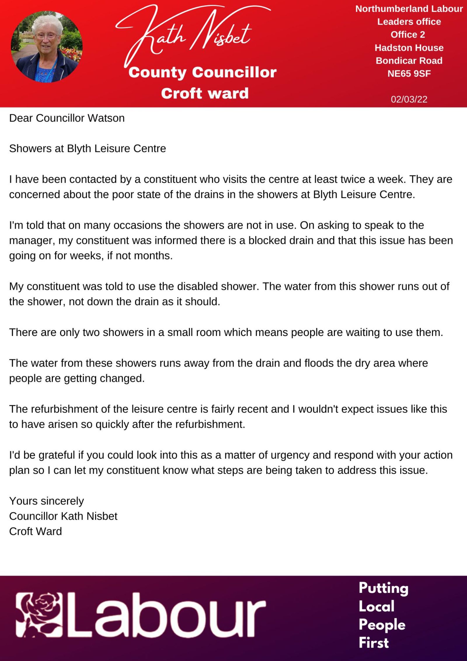 Letter From Councillor Kath Nisbet to Councillor Watson